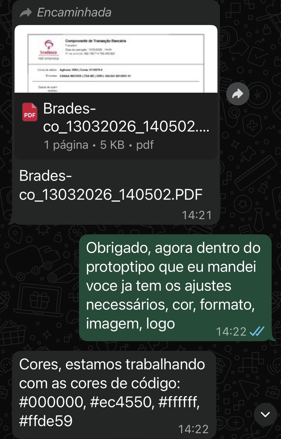 Print de WhatsApp: cliente recebendo protótipo de site gerado com IA e devolvendo ajustes de cores, logo e formato