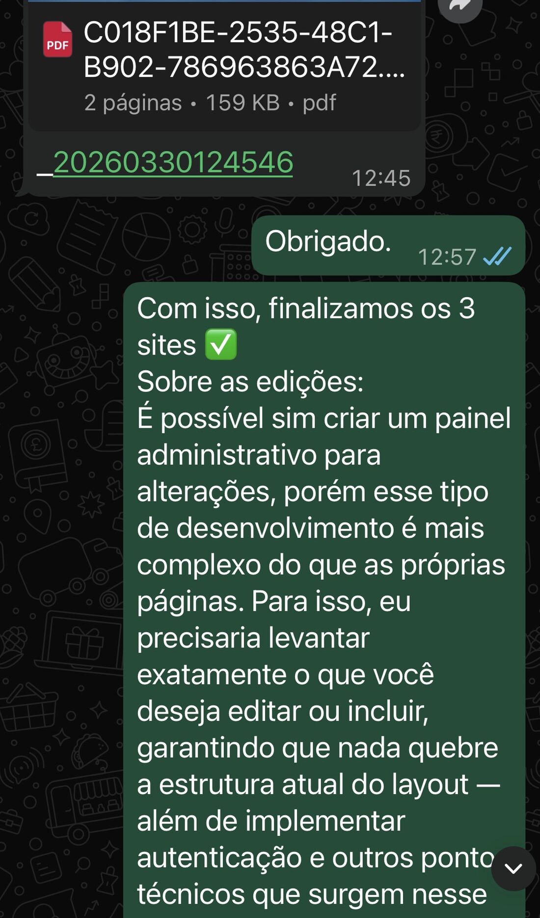 Print de WhatsApp: entrega final de 3 sites para cliente, confirmando conclusão do projeto de venda de sites com IA